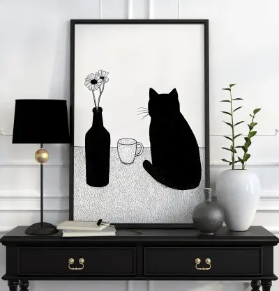 Minimalist Cat Drawing Dining Table Poster Animal Line Art Print Kitchen Living Room Decor