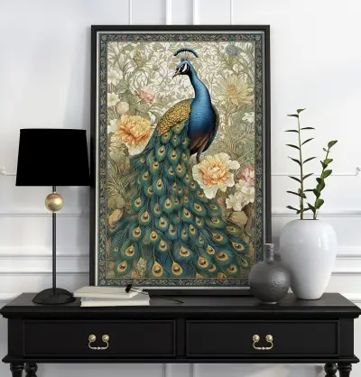 Art Nouveau Peacock Print, Dark Academia Wall Art, Chinoiserie Bird Poster, Audubon Style Pavo Cristatus Illustration