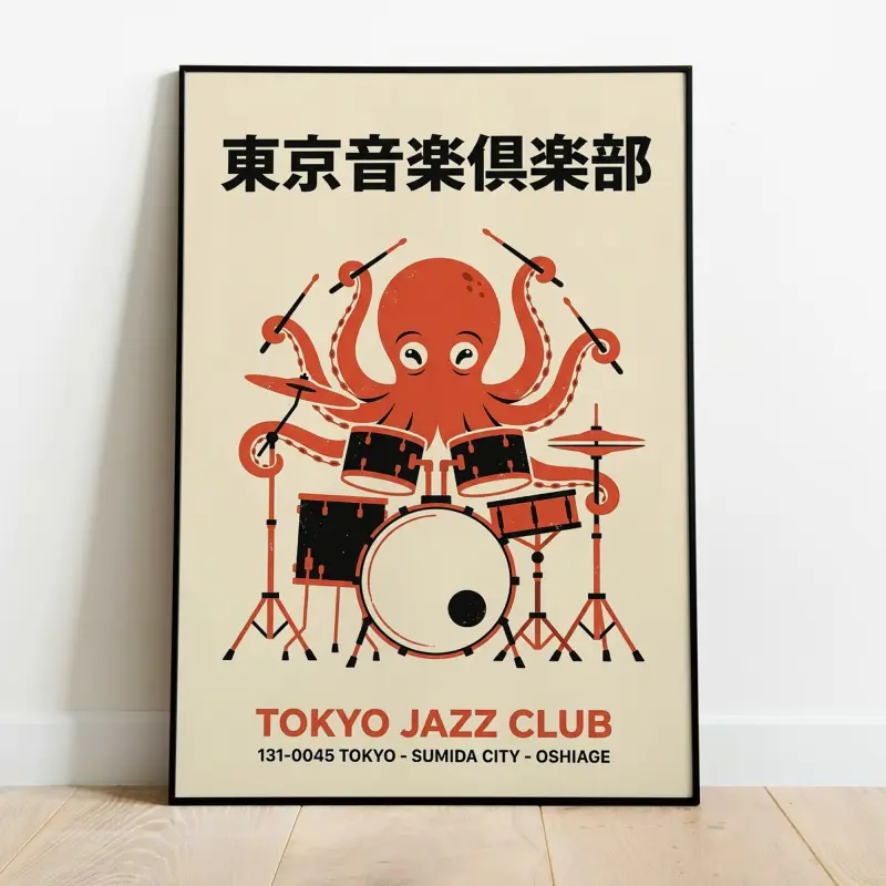 Tokyo Jazz Club Octopus Drummer Poster Mid-Century Retro