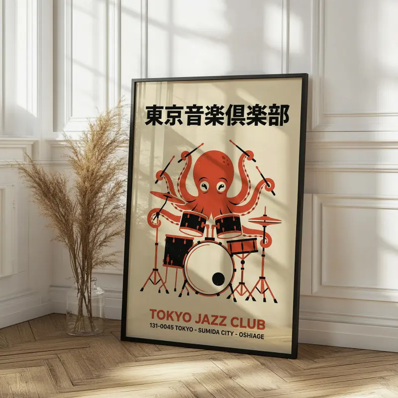 Tokyo Jazz Club Octopus Drummer Poster Mid-Century Retro