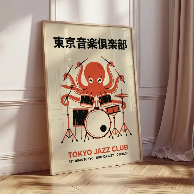 Tokyo Jazz Club Octopus Drummer Poster Mid-Century Retro