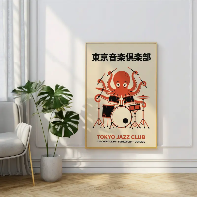Tokyo Jazz Club Octopus Drummer Poster Mid-Century Retro