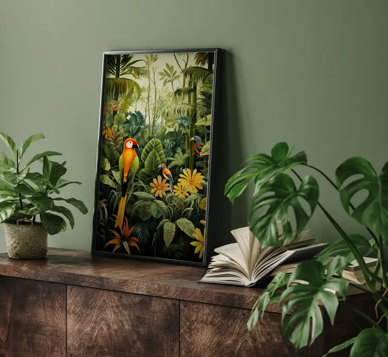 Henri Rousseau Style Jungle Wall Art, Naive Art Parrot Painting Print, Colorful Bird Poster A3