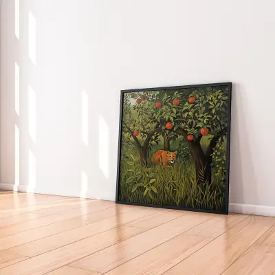 Henri Rousseau Style Puma Under Apple Tree Painting Jungle Wall Art Print Primitivism