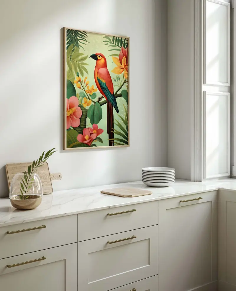 Rousseau Style Parrot Poster, Naive Art Jungle Print, Colorful Jungle Paradise Wall Art for Office Decor