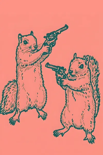 Two Squirrels Holding Handguns AR-23 Simple Drawing Art Print Framed or Digital Download